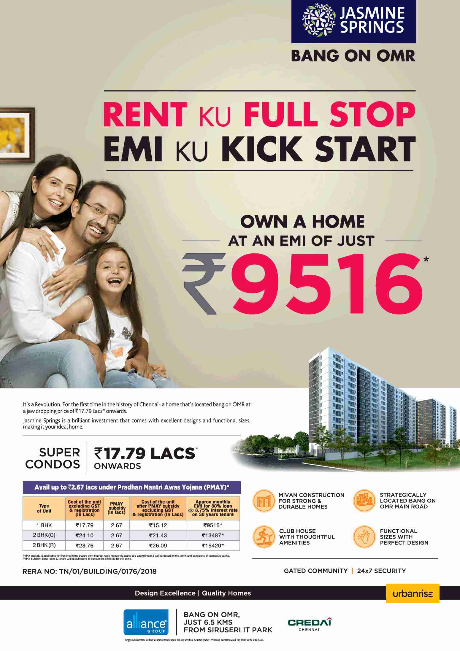 Own a home at an EMI of just Rs. 9516 at Alliance Jasmine Springs in Chennai